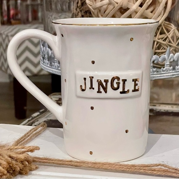 MUDPIE Glossy White Mug Accented w/Metallic Gold Raised “Jingle”, Dots, & Rim - Picture 1 of 4